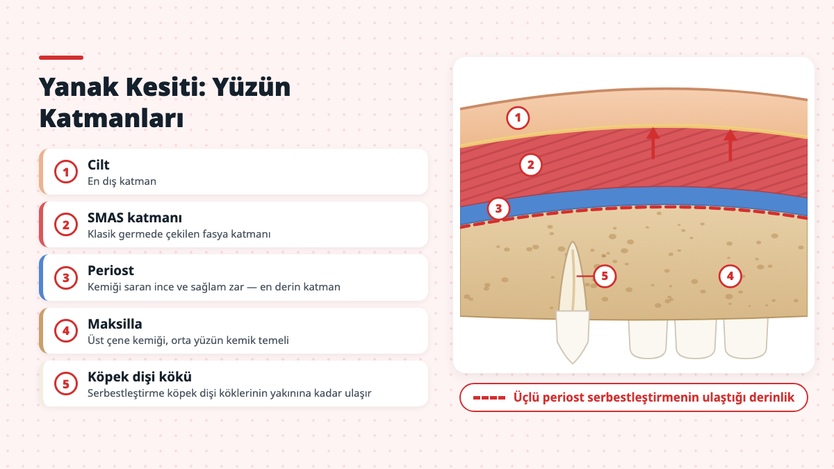 Cilt, SMAS katmanı, periost, maksilla ve köpek dişi kökünü gösteren yanak kesiti